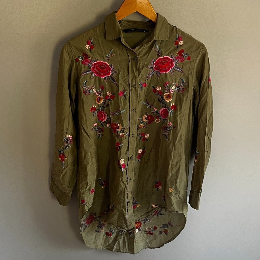 Zara floral embroidered button down shirt Green Size XS boho western festival - Picture 2 of 14